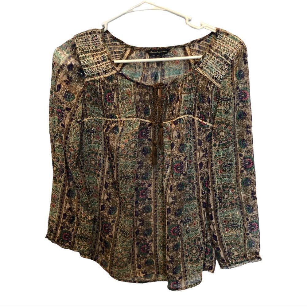 American Eagle Outfitter sheer long sleeve blouse blue and green print Small